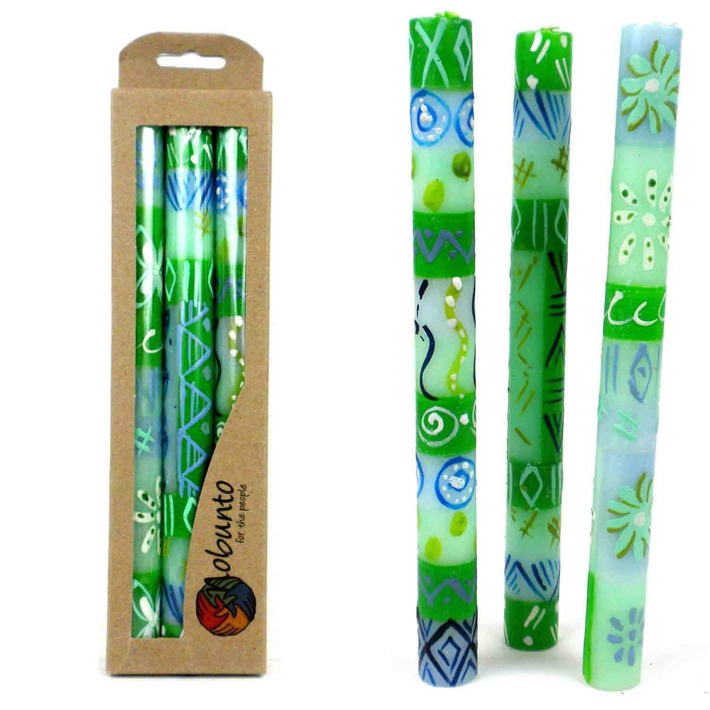 Set of Three Boxed Handmade Taper Candles with Farih Design (South Africa) Green - Diamond Home USA