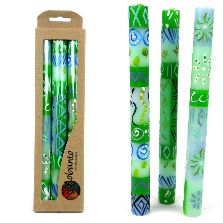 Set of Three Boxed Handmade Taper Candles with Farih Design (South Africa) Green - Diamond Home USA