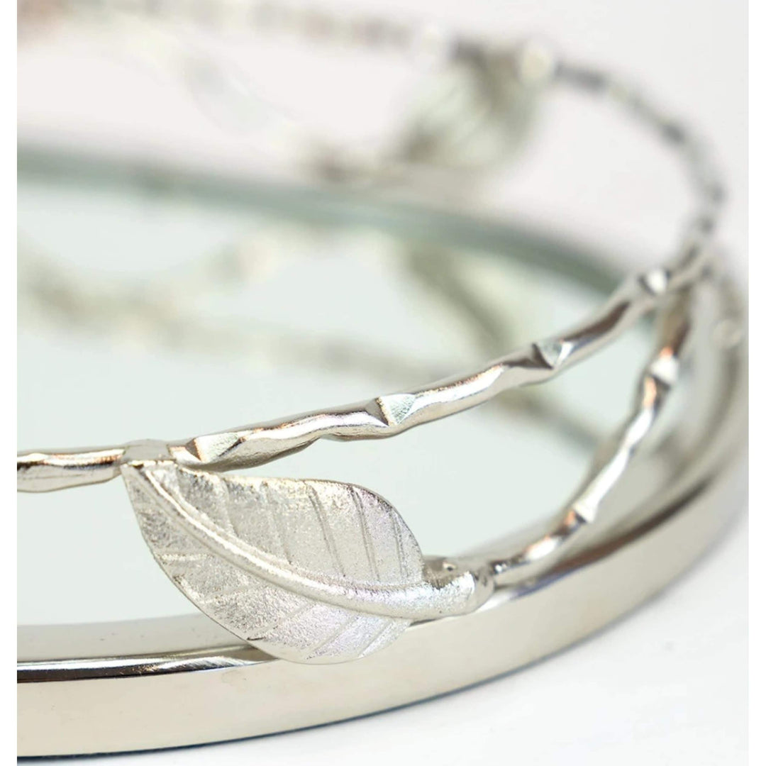 Oval Mirror Tray with Leaf Border 3.75 X 8.5 in Silver Solid Stainless Steel - Diamond Home USA