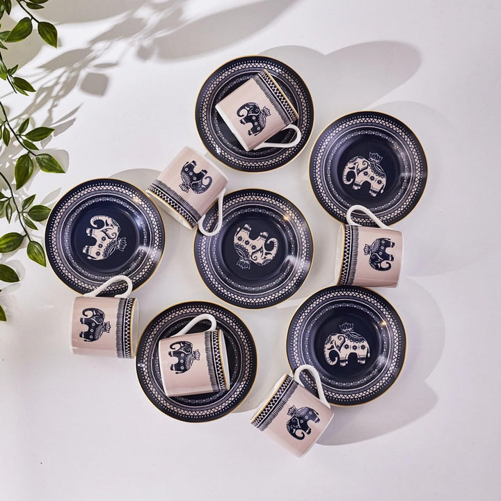 Turkish Coffee Cup and Saucer Set for 6 Brown Asian Oriental Round Bone China