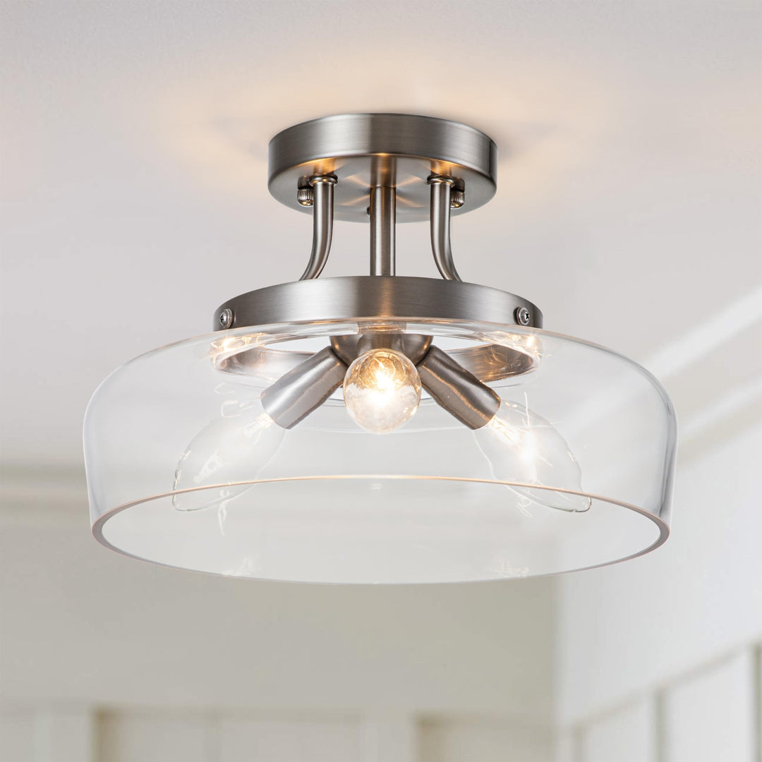 3-light Satin Nickel Semi Flush Mount with Glass Shade Silver Modern