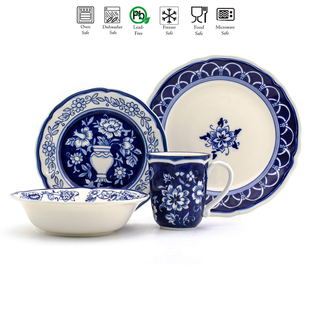 Euro Ceramica Blue Garden 16 Piece Oven afe Hand Painted toneware Dinnerware - Diamond Home USA