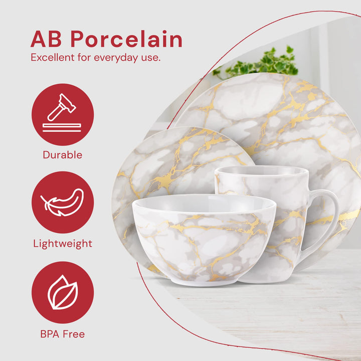 Safdie & Co. - Gold Marble Plates and Bowls Sets Modern Kitchen 16-Piece - Diamond Home USA