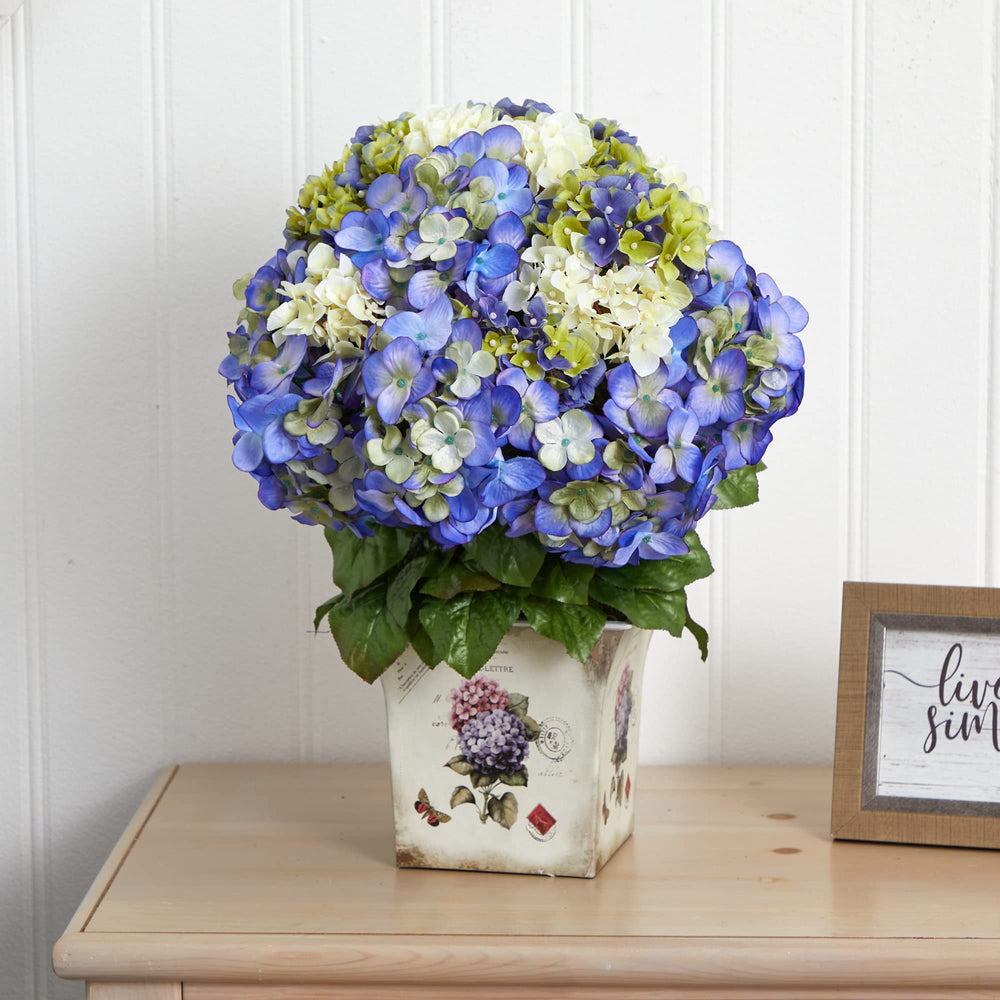 Nearly Natural Mixed Hydrangea with Floral Planter - Diamond Home USA