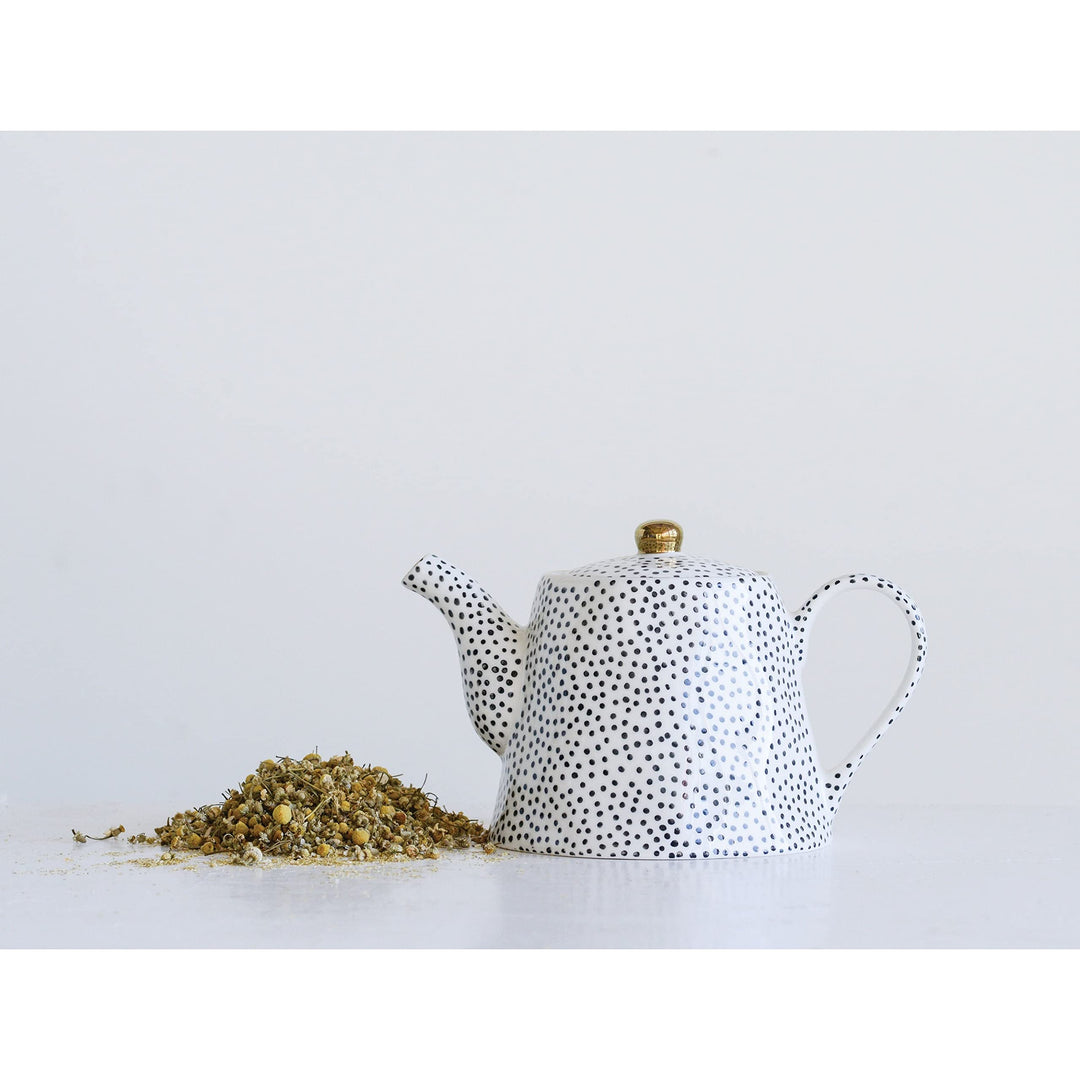 White Stoneware Teapot With Black Speckles Gold Electroplating Microwave Safe - Diamond Home USA