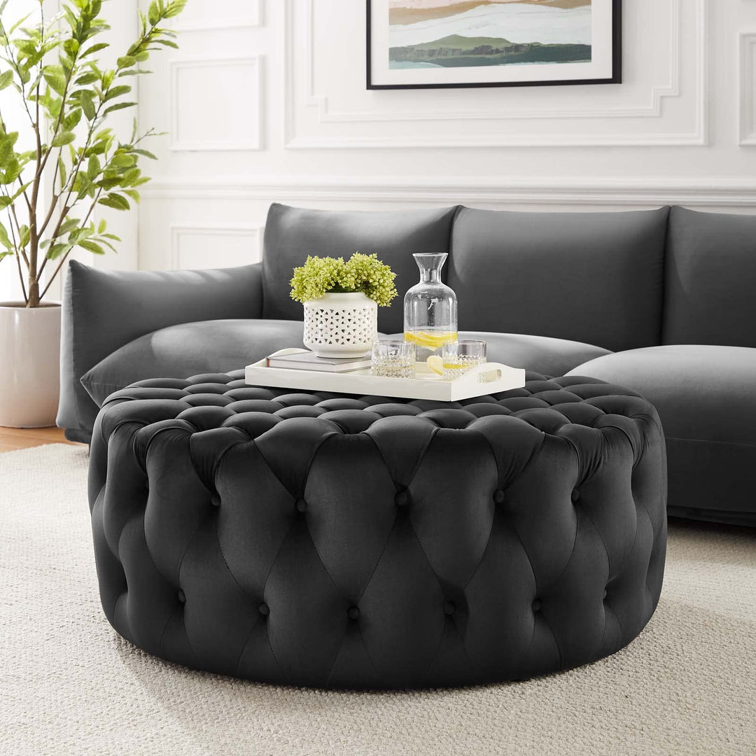 Modway Amour Tufted Button Large Round Performance Velvet Ottoman in Black - Diamond Home USA