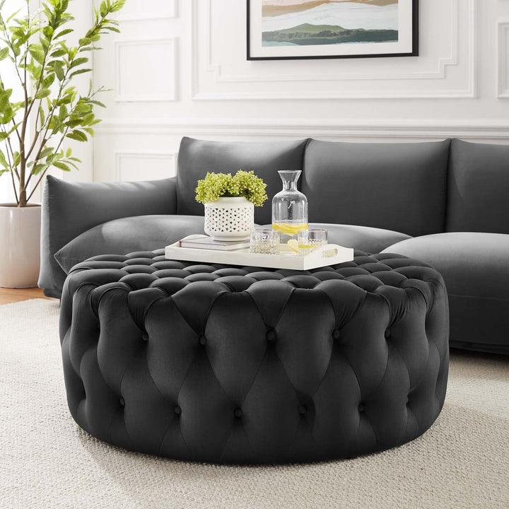 Modway Amour Tufted Button Large Round Performance Velvet Ottoman in Black - Diamond Home USA