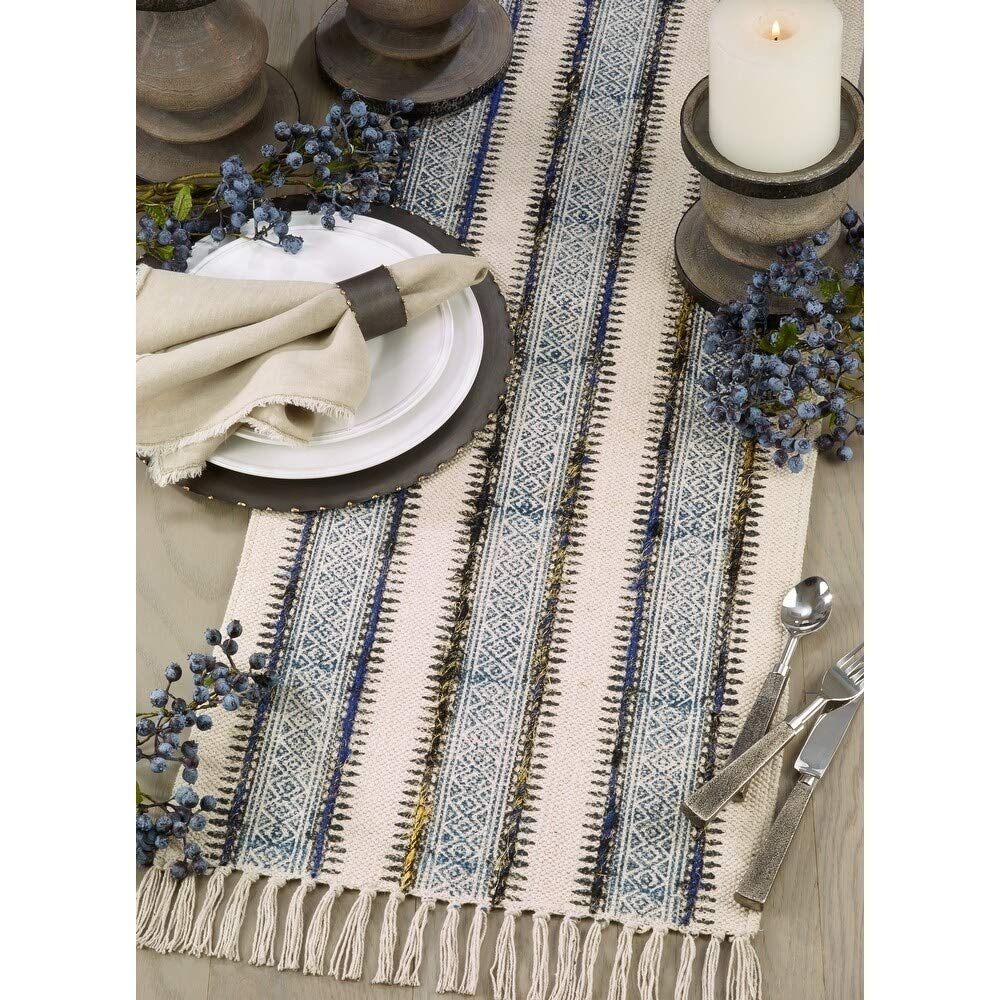 Embroidered Table Runner with Block Print Design Blue Cotton - Diamond Home USA