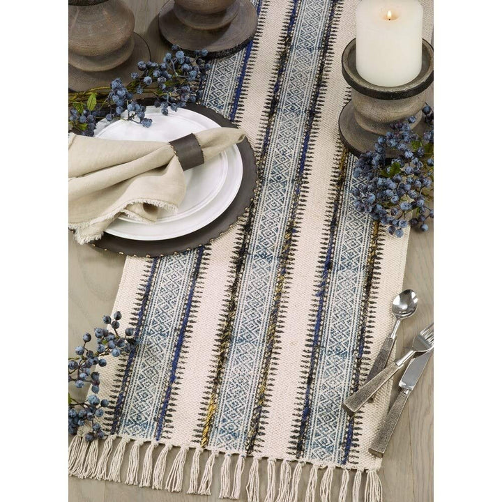 Embroidered Table Runner with Block Print Design Blue Cotton - Diamond Home USA