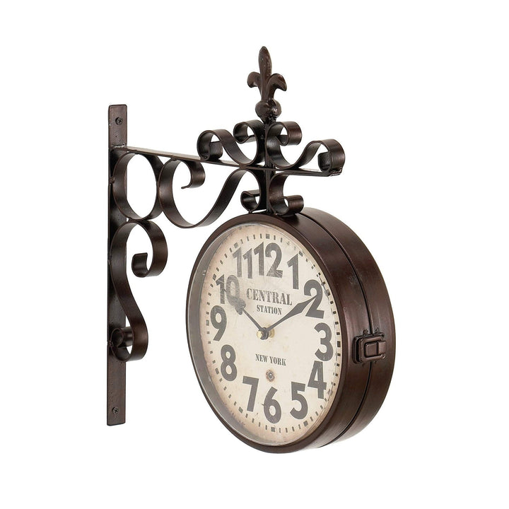 Iron Train Station Vintage Double Wall Clock Brown Rustic Novelty Natural Finish - Diamond Home USA
