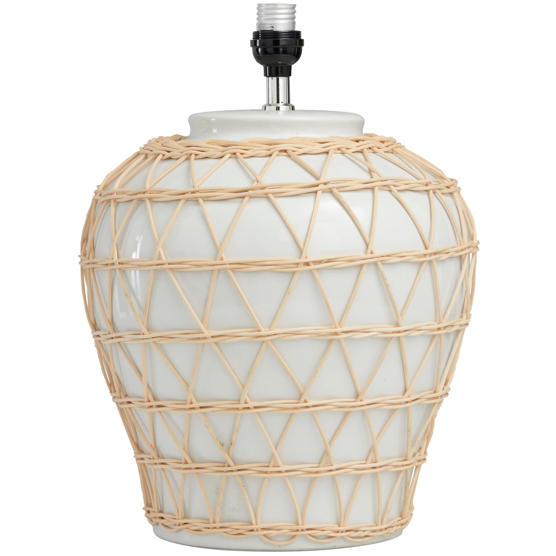 White Ceramic Woven Rattan Geometric Table Lamp with Linen Shade - Diamond Home USA