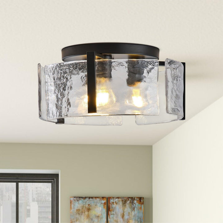 Modern Black Metal Ceiling Light Flush Mount Fixture with Curved Water Glass - Diamond Home USA