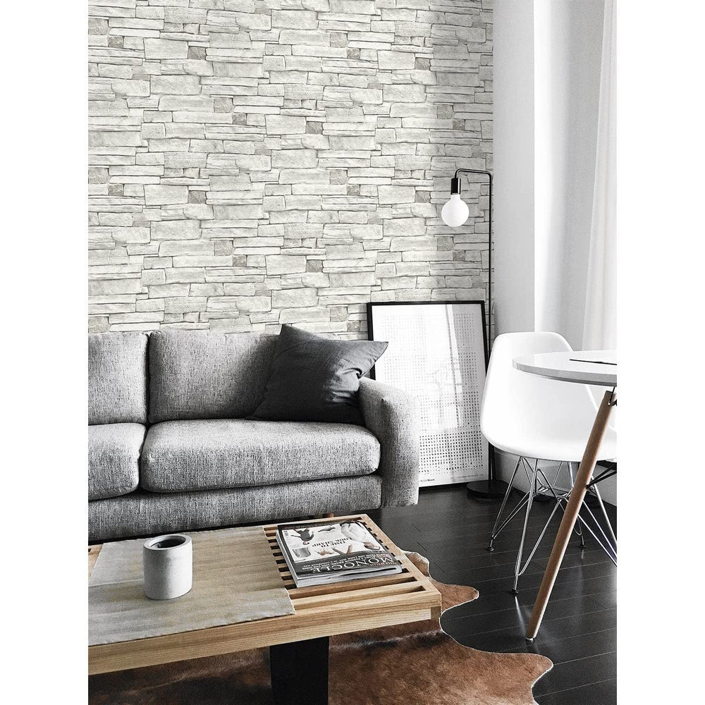 Stacked Stone Peel and Stick Wallpaper 20.5 in. W X 18 Ft. L Grey Off/White - Diamond Home USA
