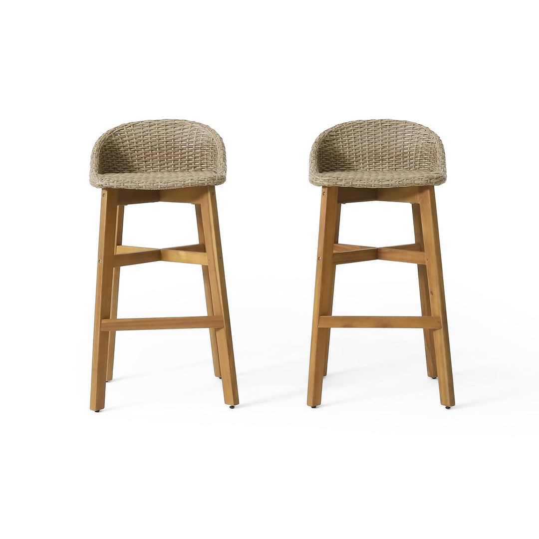 Wicker and Acacia Wood Outdoor Barstools Brown Rustic Rattan Water Resistant - Diamond Home USA