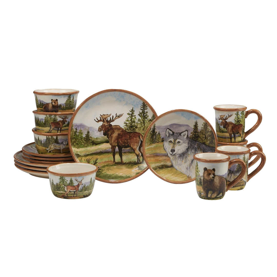 Mountain 16pc Dinnerware Set Service For 4 Brown Green Multi Color Animal