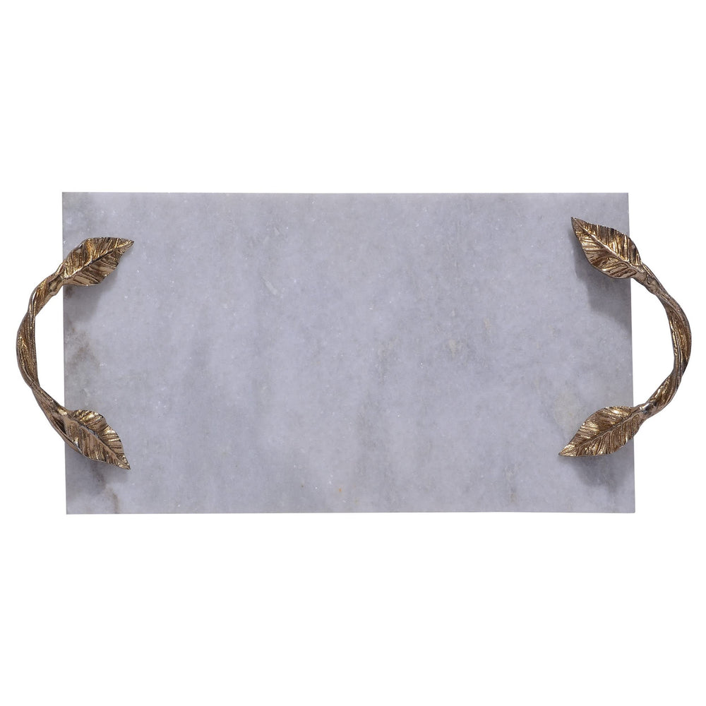 Tray with Marble Frame and Carved Metal Handles White Gold Modern Contemporary - Diamond Home USA