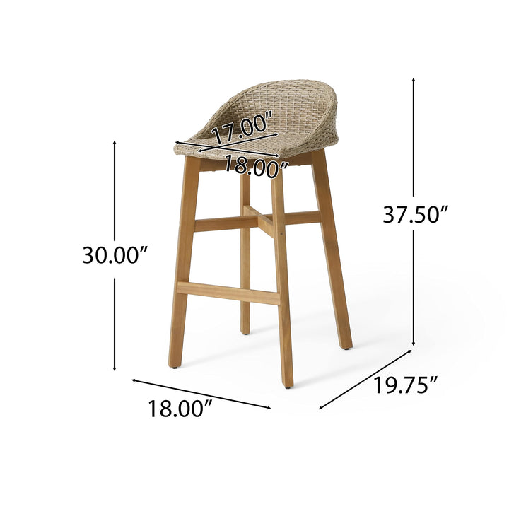 Wicker and Acacia Wood Outdoor Barstools Brown Rustic Rattan Water Resistant - Diamond Home USA