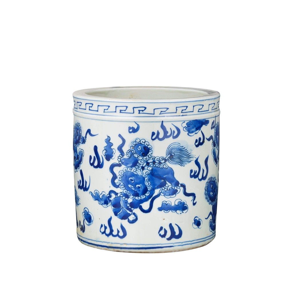 Blue and White Orchid Pot Foo Dog Motif Porcelain - Diamond Home USA
