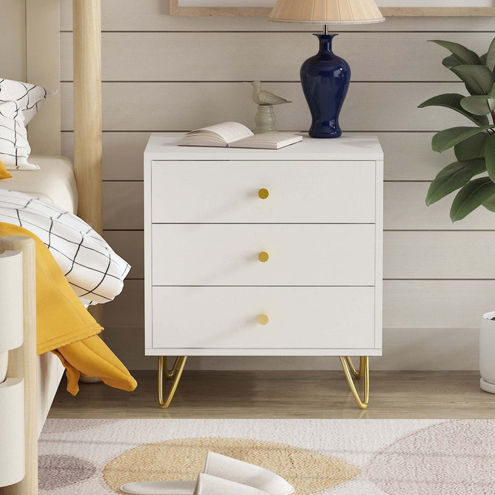 Light Luxury Style Nightstand19.6 wgolden Metal Steel Three Drawers old White - Diamond Home USA