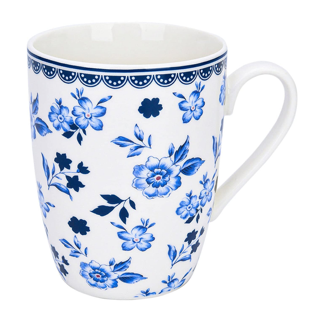 Vintage Blue Coffee Tea Bone China Mugs Set Of 4 Floral Country Round Piece - Diamond Home USA