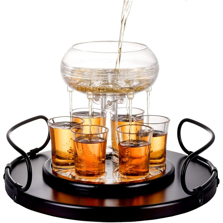 Shot Glass Dispenser with 6 Glasses Wood Tray Clear
