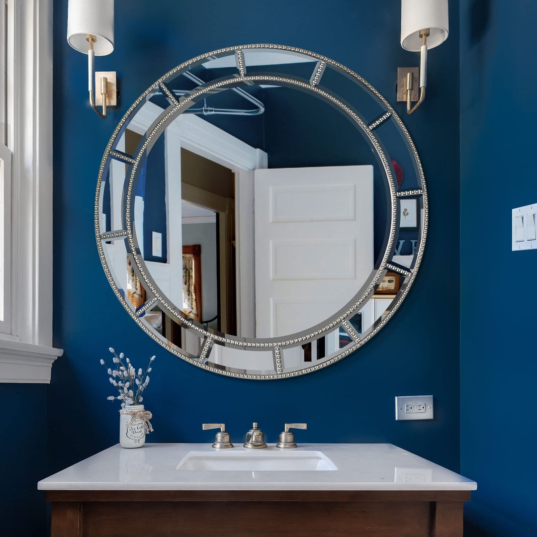 Beaded Champagne Silver Beveled Round Wall Mirror 30 X Modern Contemporary Glass - Diamond Home USA