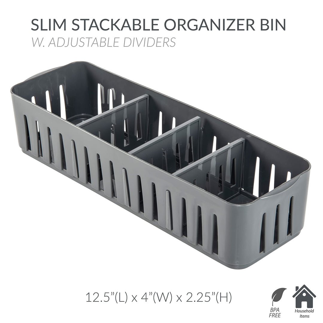 Simplify 2 Pack 4 Compartment Stackable Bin with Adjustable Dividers|Drawer Grey - Slim - Diamond Home USA