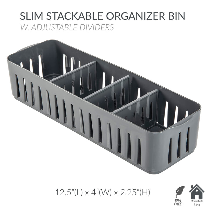 Simplify 2 Pack 4 Compartment Stackable Bin with Adjustable Dividers|Drawer Grey - Slim - Diamond Home USA