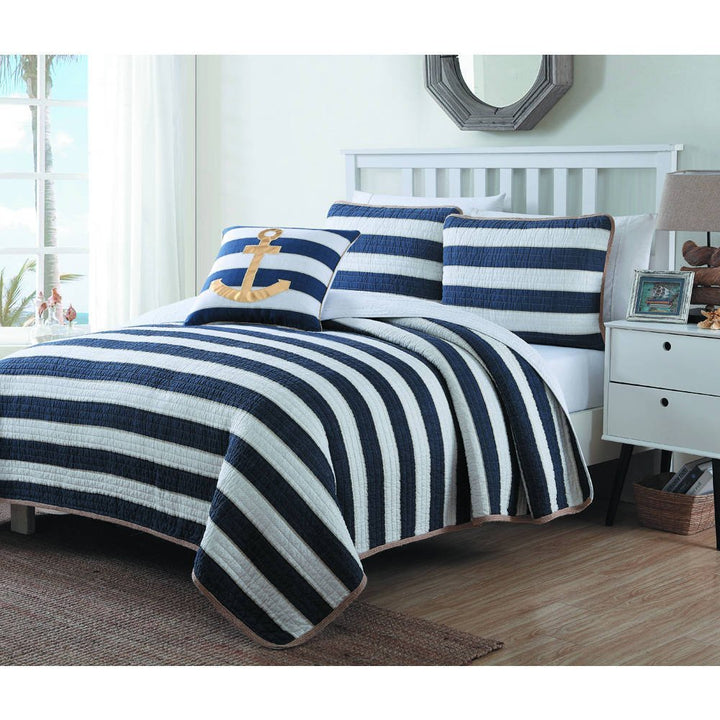 UN3 4 Piece Gold Navy Blue White Full Queen Quilt Set Rugby Striped Themed - Diamond Home USA