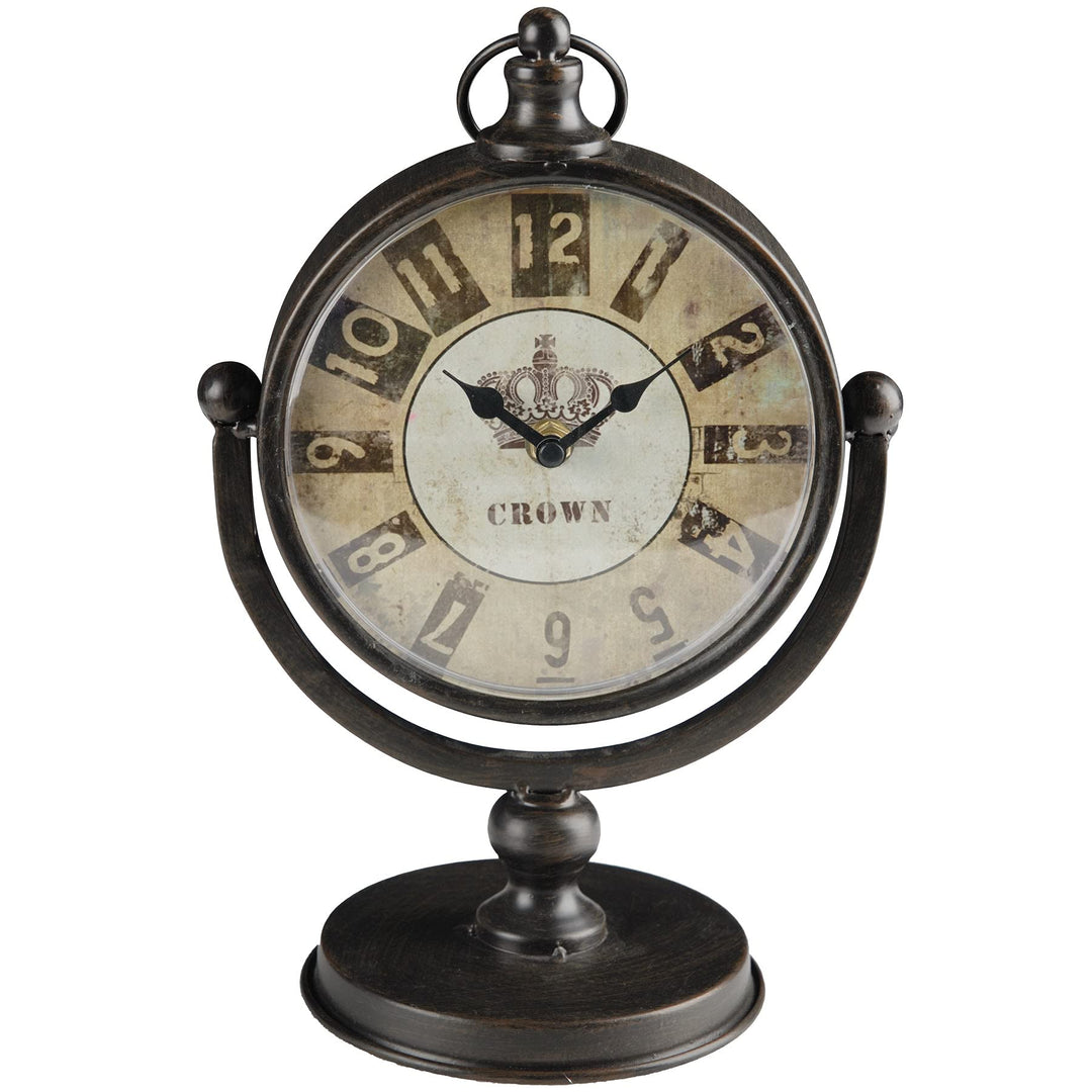 Round Antique Finish Table Clock Brown Iron Metal Pedestal