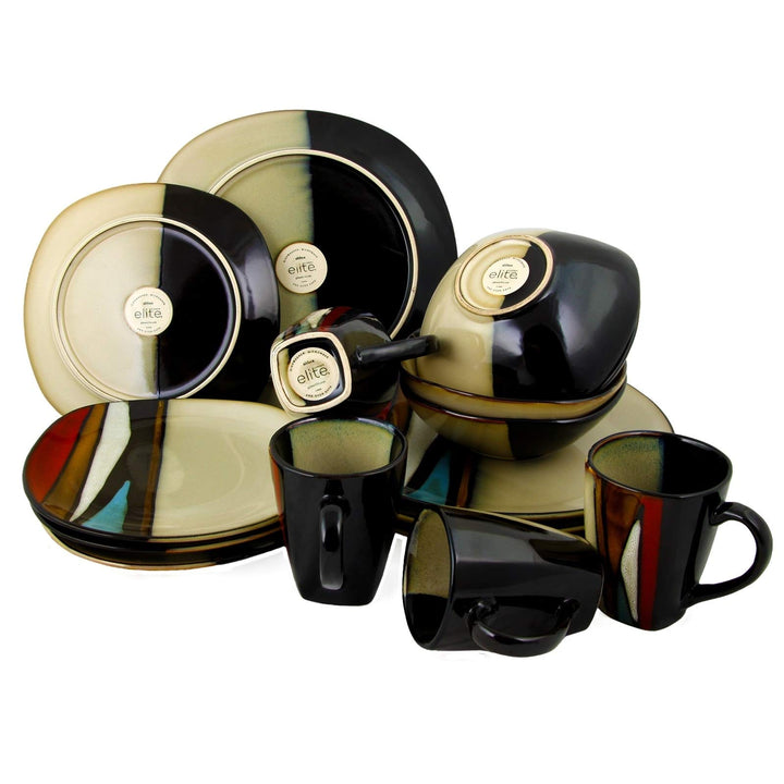 16 Piece Stoneware Dinnerware Set Brown Stripe Casual Square Microwave Safe - Diamond Home USA