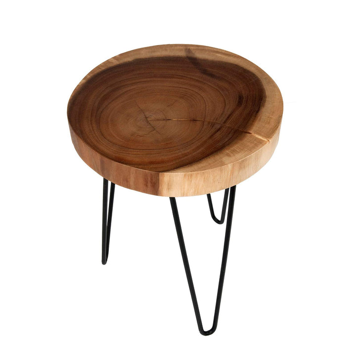 Brown Teakwood Round Accent Table Rustic Teak Wood Metal Finish Natural Includes - Diamond Home USA