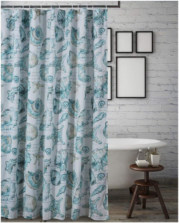 Finely Stitched Coastal Inspired Print Fabric Polyester Shower Curtain Aqua Blue