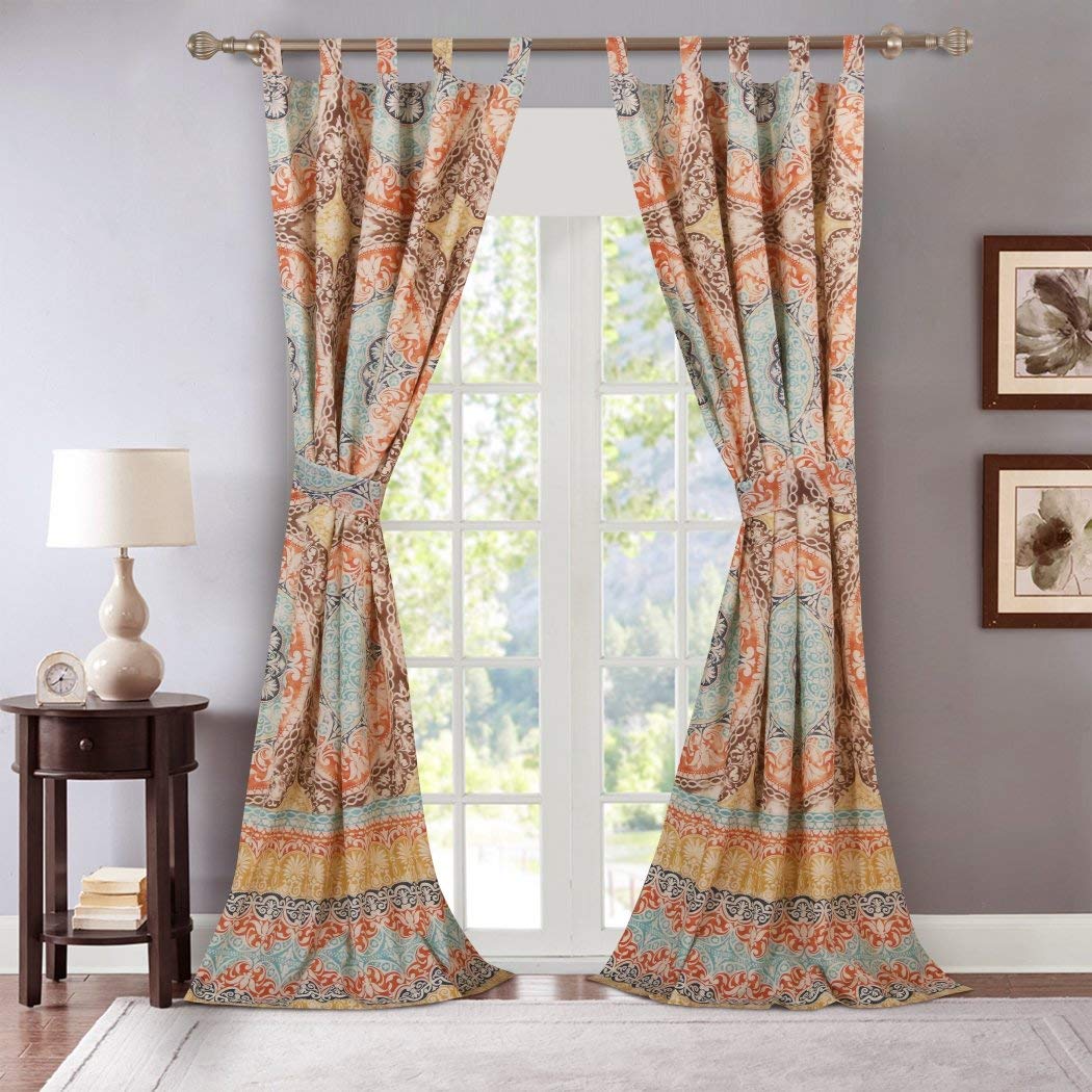 NL 2 Piece Turquoise Indigo Bohemian Window Curtain Set 84 Inch Brown - Diamond Home USA