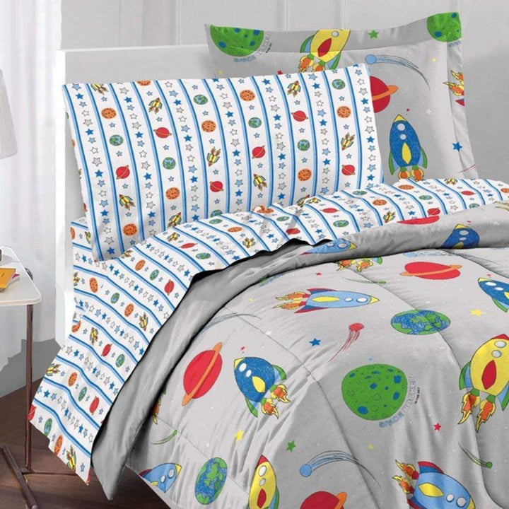 BCOS 5 Piece Kids Twin Size Sun Moon Stars Comforter Set Outer Space Galaxy - Diamond Home USA