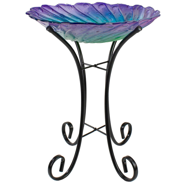 18" Purple and Green Swirled Hand Painted Glass Outdoor Birdbath - Diamond Home USA