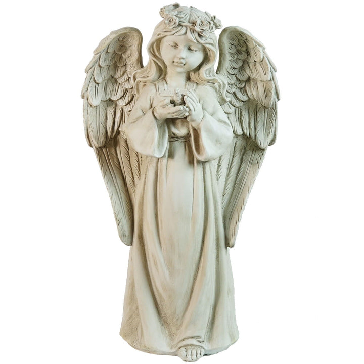 20.5" White Standing Angel Holding A Bird Outdoor Garden Statue Resin