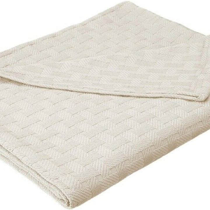 Basketweave Thin Cotton Blanket King Ivory Off/White Geometric French Country - Diamond Home USA