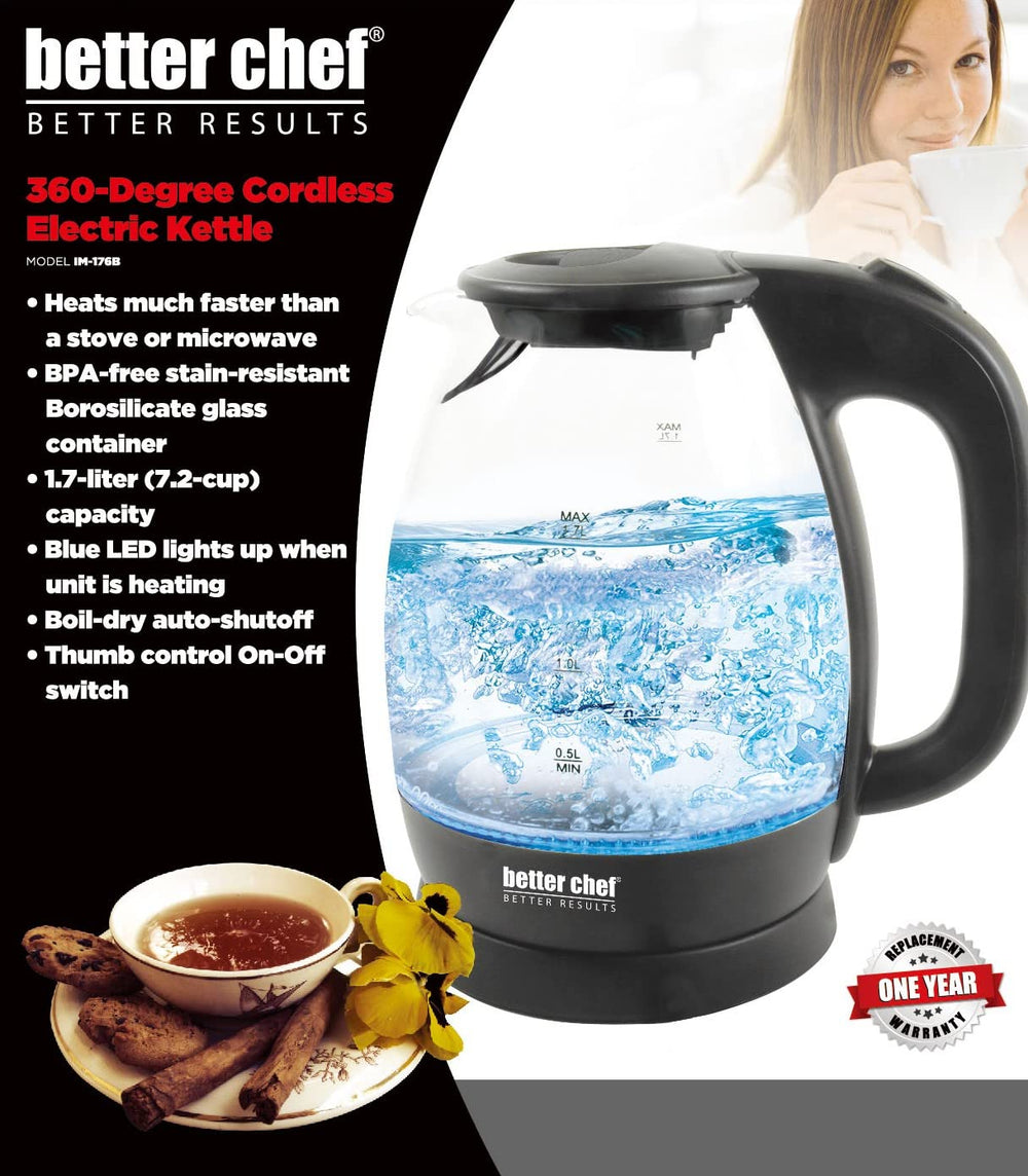Better Chef Cordless Electric Glass Kettle|7-Cup Borosilicate Glass|LED - Diamond Home USA