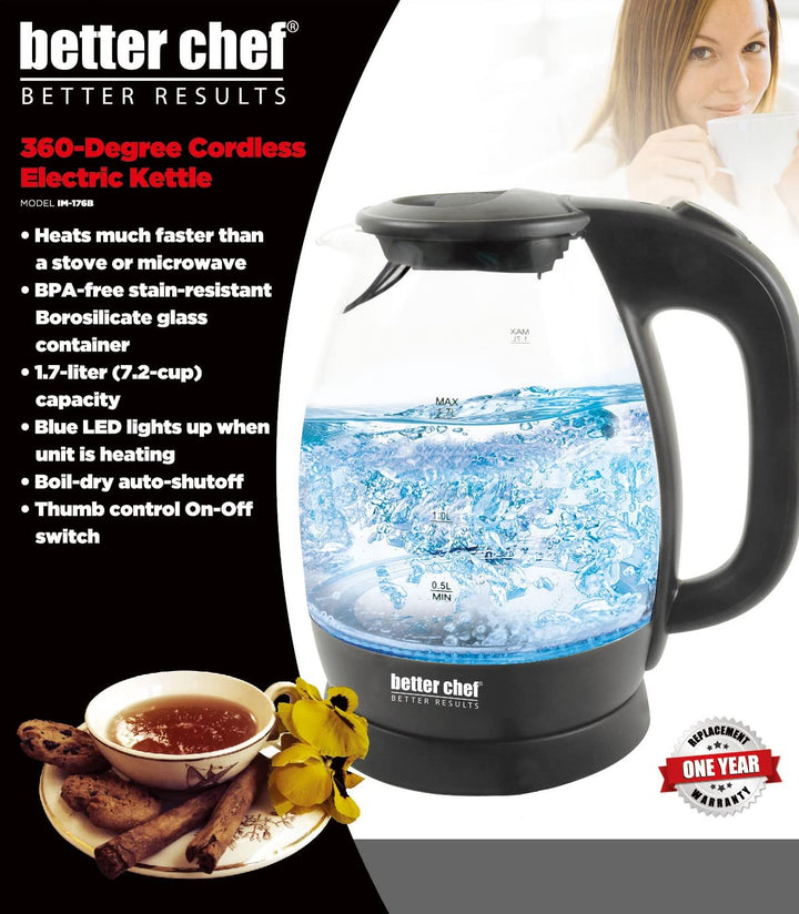 Better Chef Cordless Electric Glass Kettle|7-Cup Borosilicate Glass|LED - Diamond Home USA
