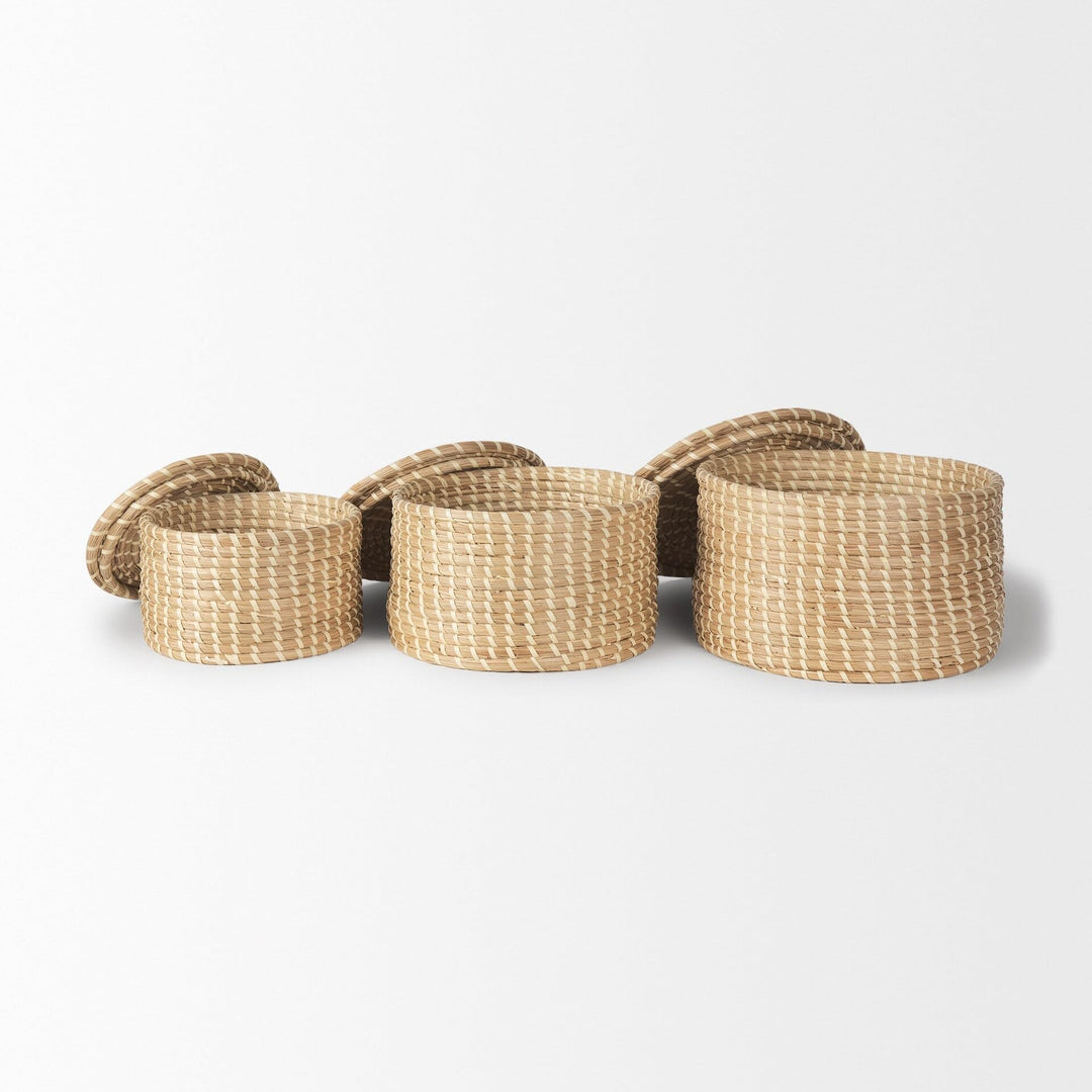 Light Brown Seagrass Palm Leaf Round Nesting Boxes W/Lids (Set Of 3) Beach - Diamond Home USA