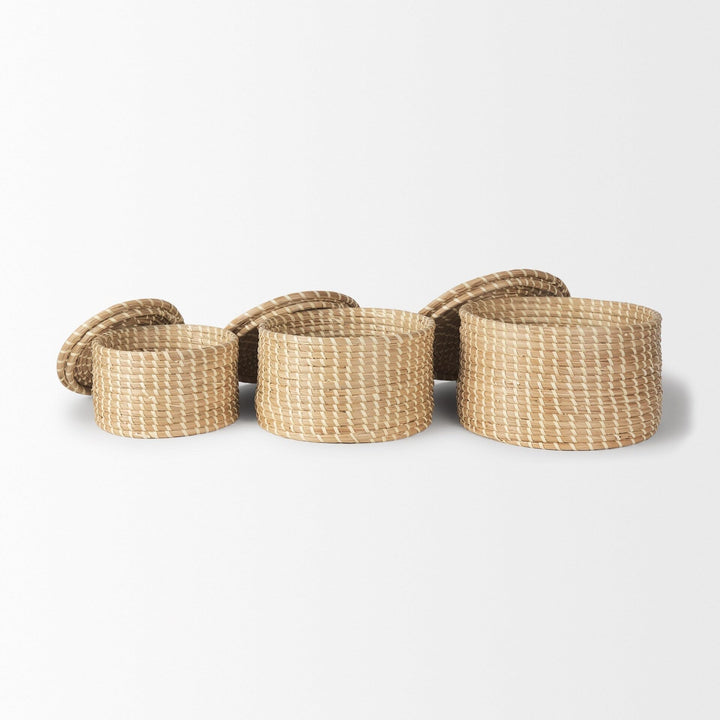 Light Brown Seagrass Palm Leaf Round Nesting Boxes W/Lids (Set Of 3) Beach - Diamond Home USA