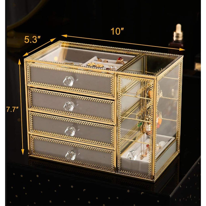 Golden Brass Vintage Glass Jewelry Boxjewelry Organizer With 4 Drawers Earring - Diamond Home USA
