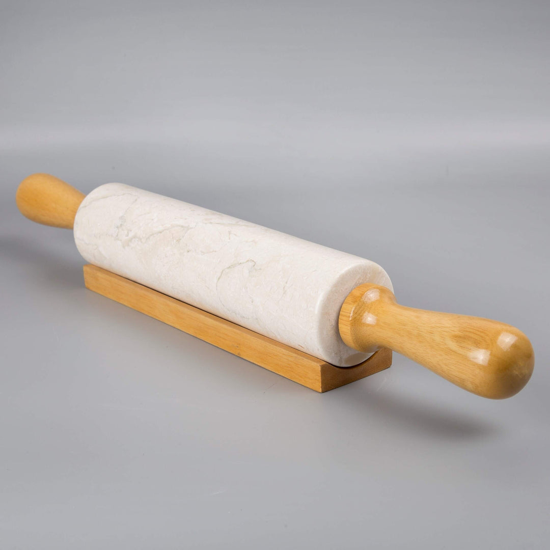 Deluxe Natural Champagne Marble Rolling Pin With Wooden Cradle 18ââ‚¬l Beige - Diamond Home USA
