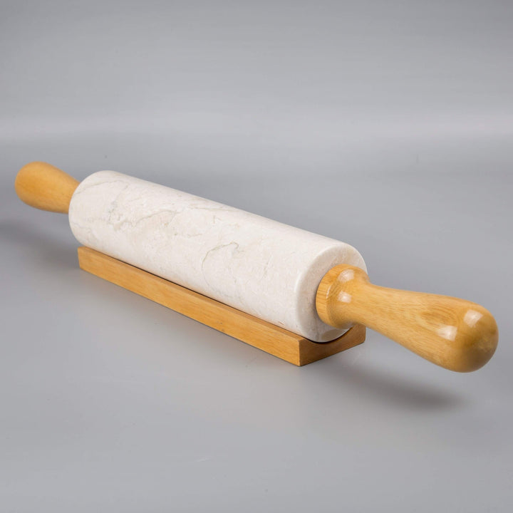 Deluxe Natural Champagne Marble Rolling Pin With Wooden Cradle 18ââ‚¬l Beige - Diamond Home USA