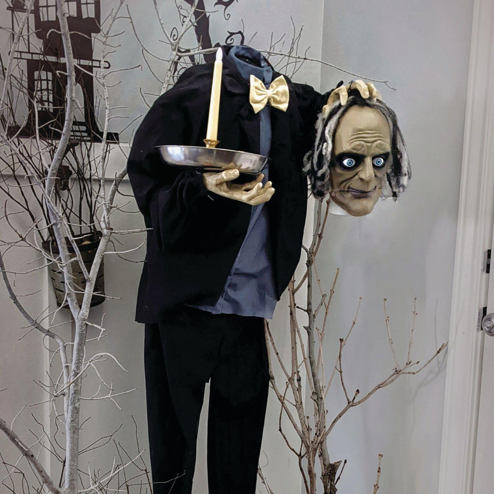 Haunted Hill Farm Life-Size Talking Headless Zombie Butler Holding Tray - Diamond Home USA