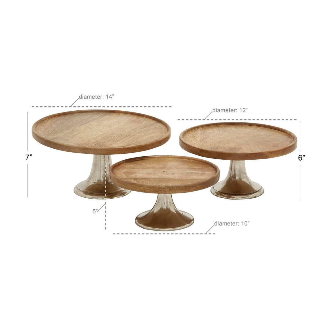 Set of 3 - Metal Wooden Cake Pedestal Stand Set Cupcakes Holders Round Dessert - Diamond Home USA