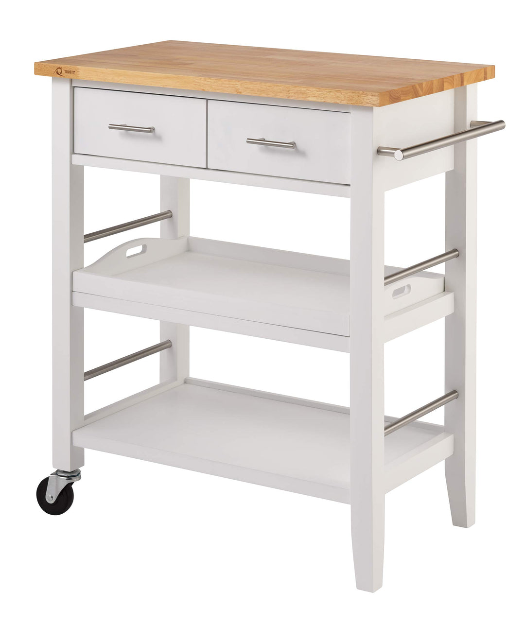 TRINITY 30-Inch Wood Kitchen Coffee Cart with Drawers Wheels and Two Shelves