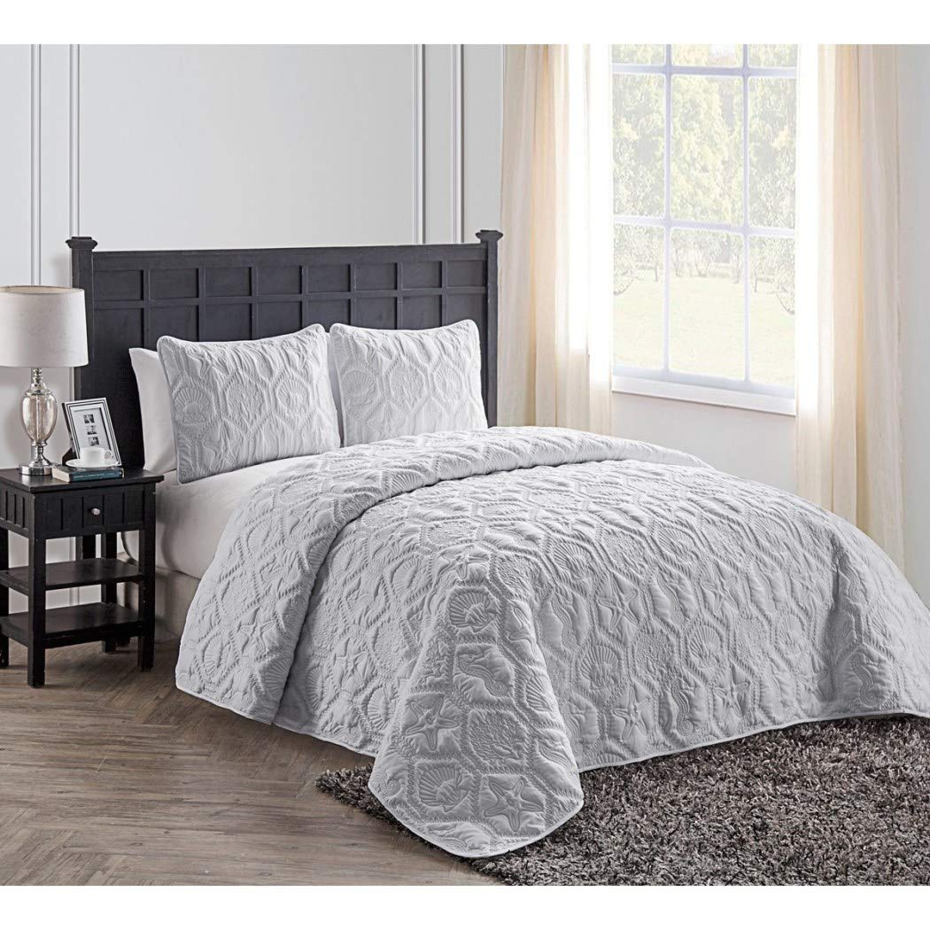 3 Piece White Embossed Seashell Theme Quilt Queen Set Beautiful Classic White - Queen