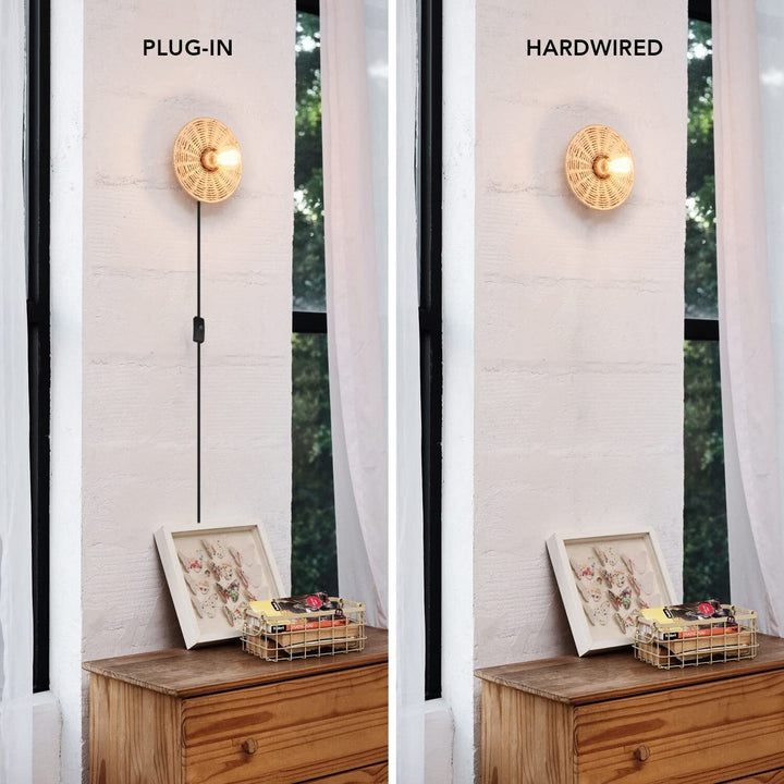 1-Light Plug-in Or Hardwire Wall Sconce with Rattan Blackplate One Size Modern